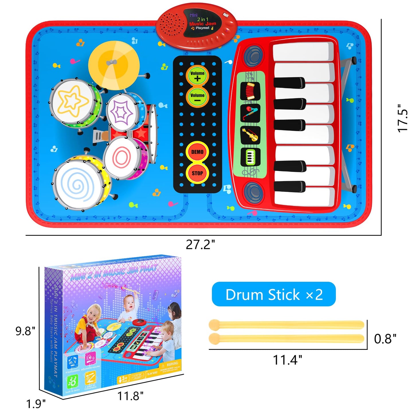 2-in-1 Musical Mat Toy – Piano Keyboard & Drum Set with Sticks, Educational Learning Toy for Boys & Girls Ages 1–5, Blue