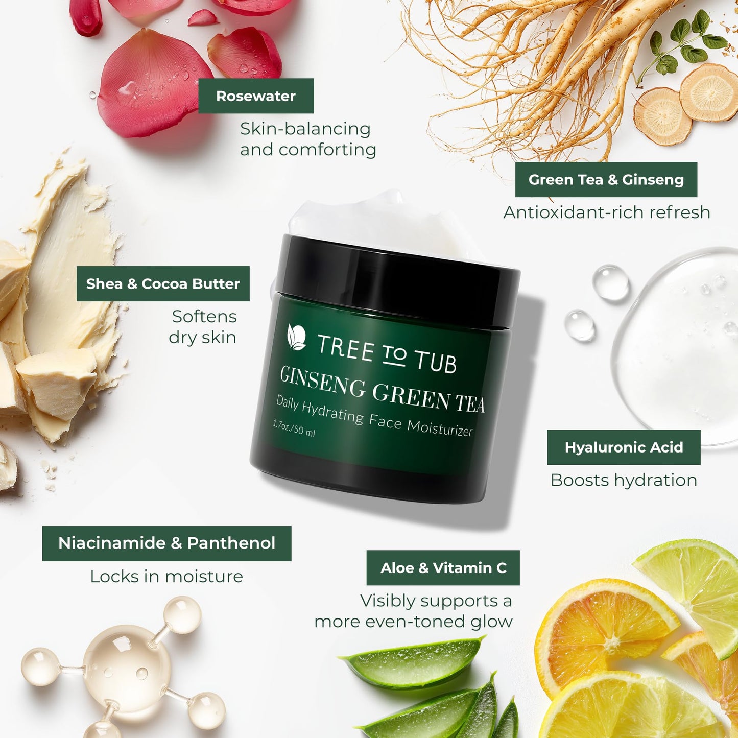 Tree to Tub Hydrating Face Moisturizer for Dry & Sensitive Skin - Water Based Hyaluronic Acid Facial Moisturizer, Moisturizing Face Cream for Women