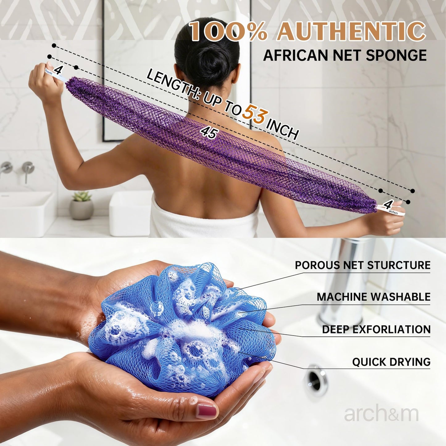 ARCH&M African Net Sponge Authentic, Shower Back Scrubber, Black, 2 Pack Beauty and Personal Care ARCH&M