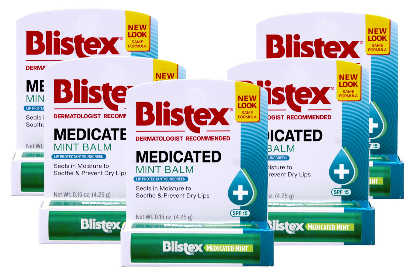 Blistex Medicated Lip Balm Protectant/Sunscreen SPF 15 Mint, 0.15 OZ Pack of 5