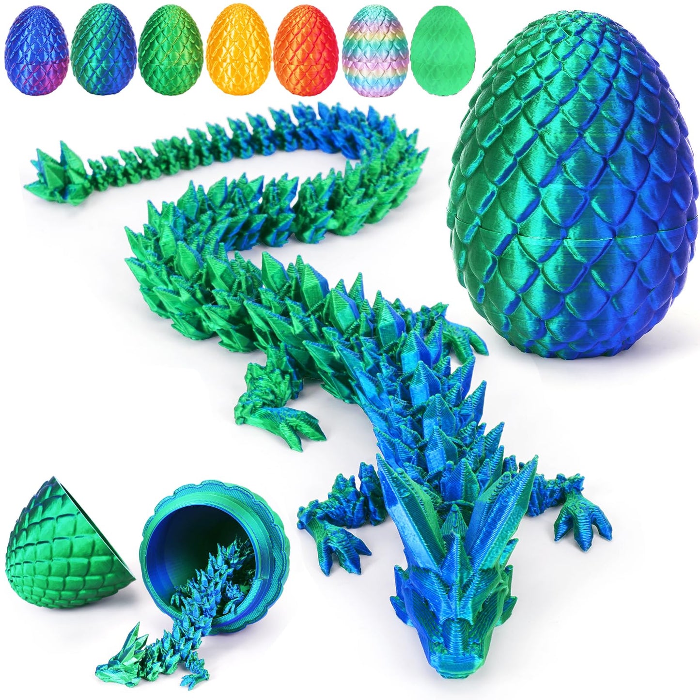 TBOLINE 12" 3D Printed Dragon Egg – Articulated Crystal Dragon Toy, Fidget Dinosaur Egg Gift for Kids & Teens Ages 4-12 (Laser Green)