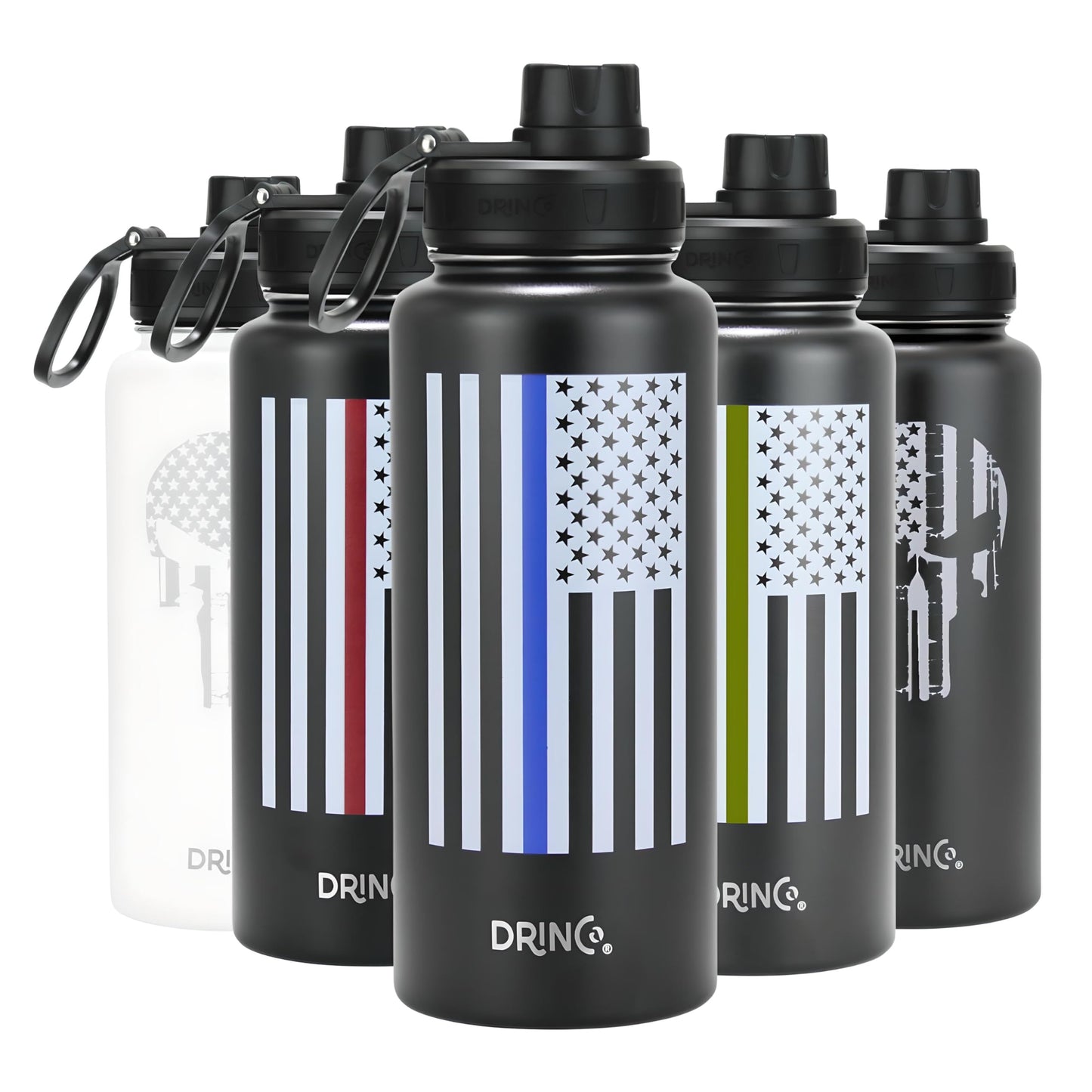 DRINCO Stainless Steel Water Bottle Spout Lid Vacuum Insulated Double Wall Water Bottle USA Flag Military Veteran (32oz Skull Black, 32oz)