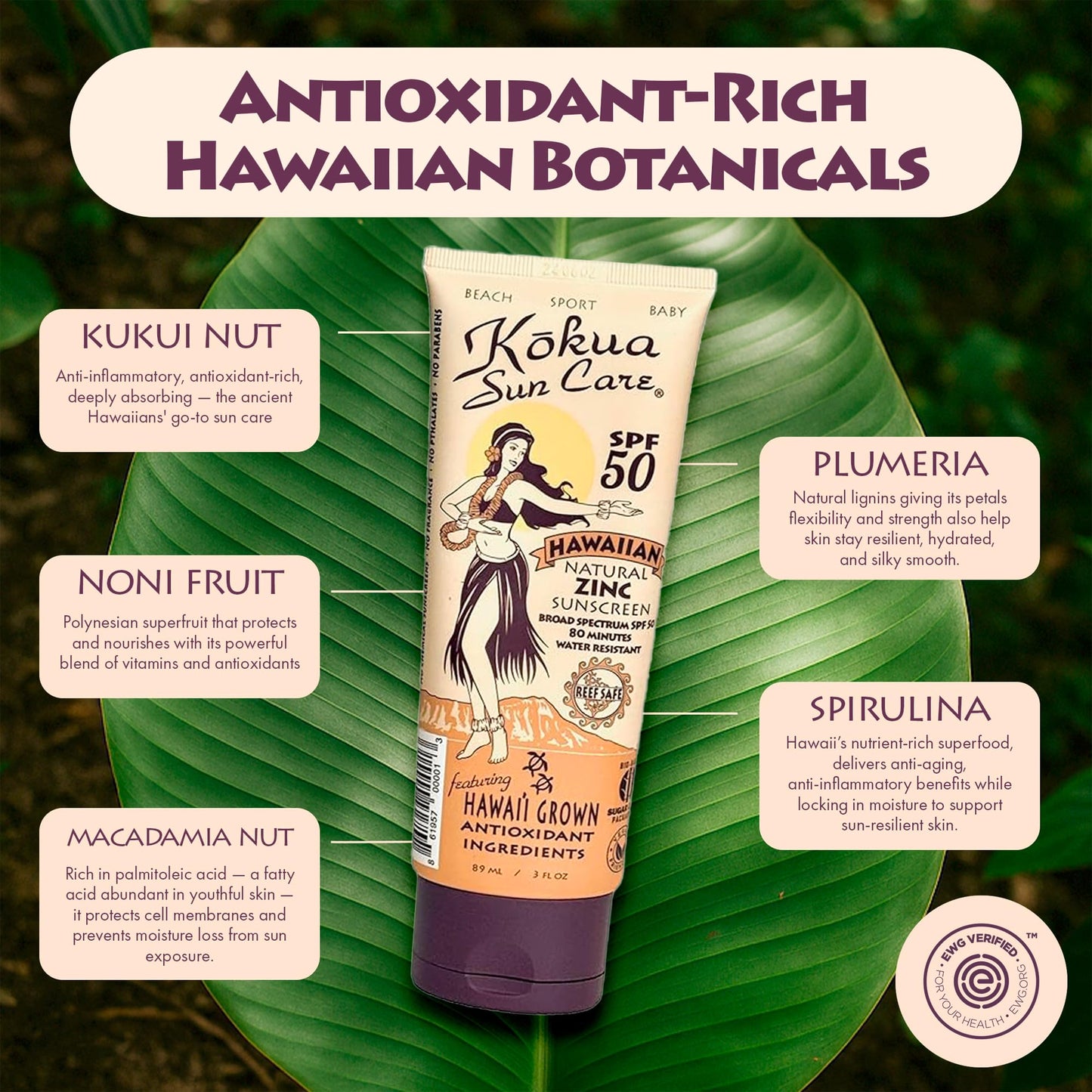 Kokua Sun Care Hawaiian Reef Safe Sunscreen SPF 50 | 3 oz | Zinc Oxide | Mineral Sunscreen | Face & Body | Moisturizing Sun Protection | Water