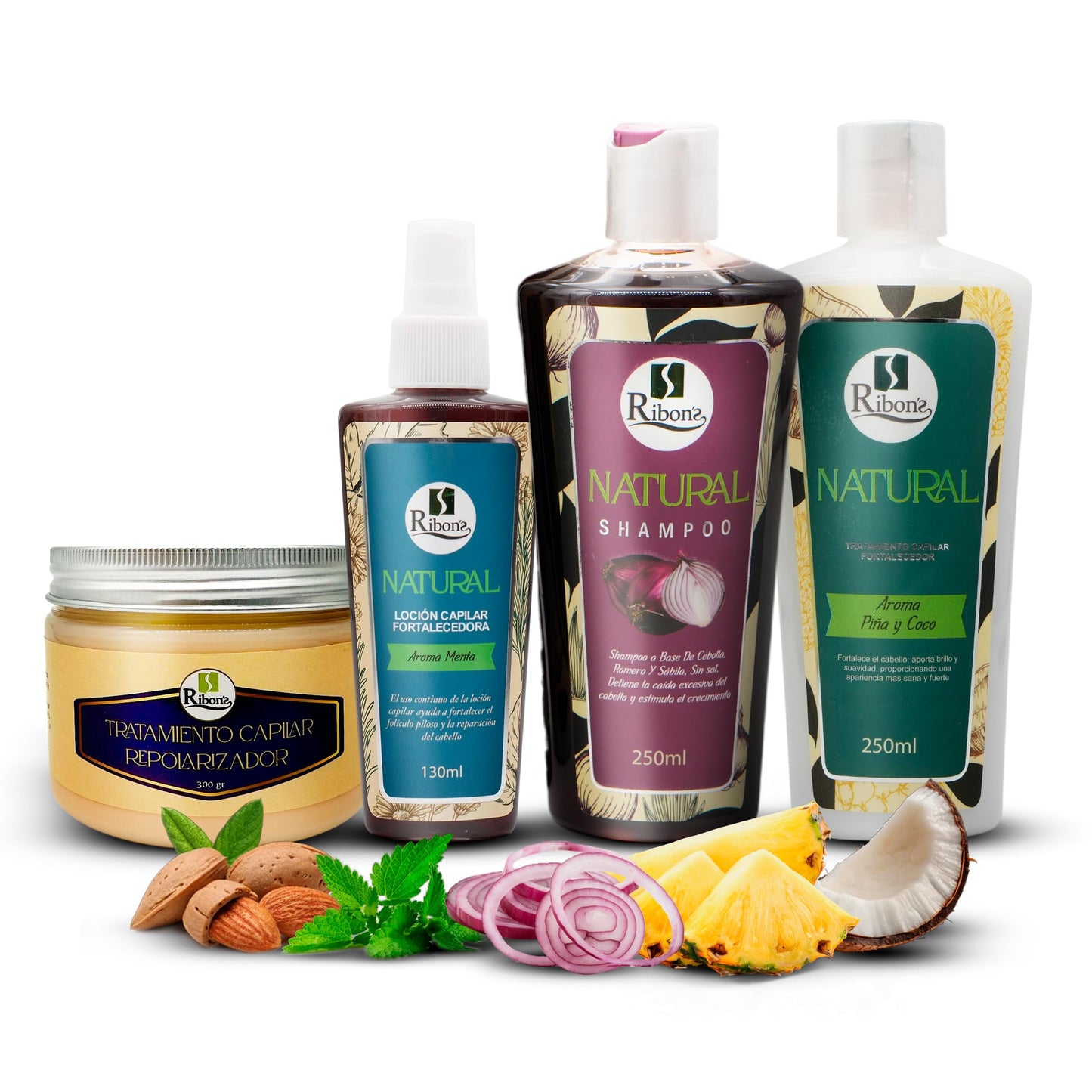 Ribon's Kit - Shampoo, Conditioner, Capilar Tonic, Repair Mask - Growth & Anti-Hair Loss Treatment - 4 Piece Kit - 250ml/130ml/300g