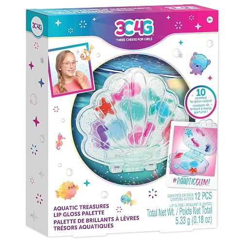 3C4G: Aquatic Treasures Lip Gloss Palette - Portable Clam-Shaped Case, 10 Fruity Strawberry-Scented Colors, Three Cheers For Girls, Kids Ages 8+