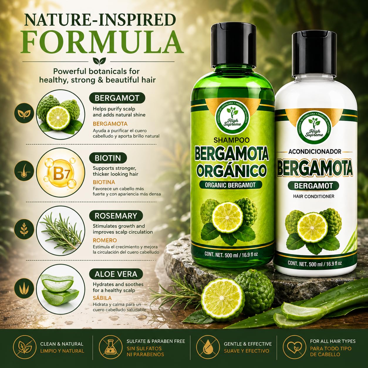 Shampoo Organic Bergamot + Conditioner (16.9 fl oz) with Aloe Vera & Rosemary | SHAMPOO ORGÁNICO BERGAMOTA con Sábila & Romero + Acondicionador - 500