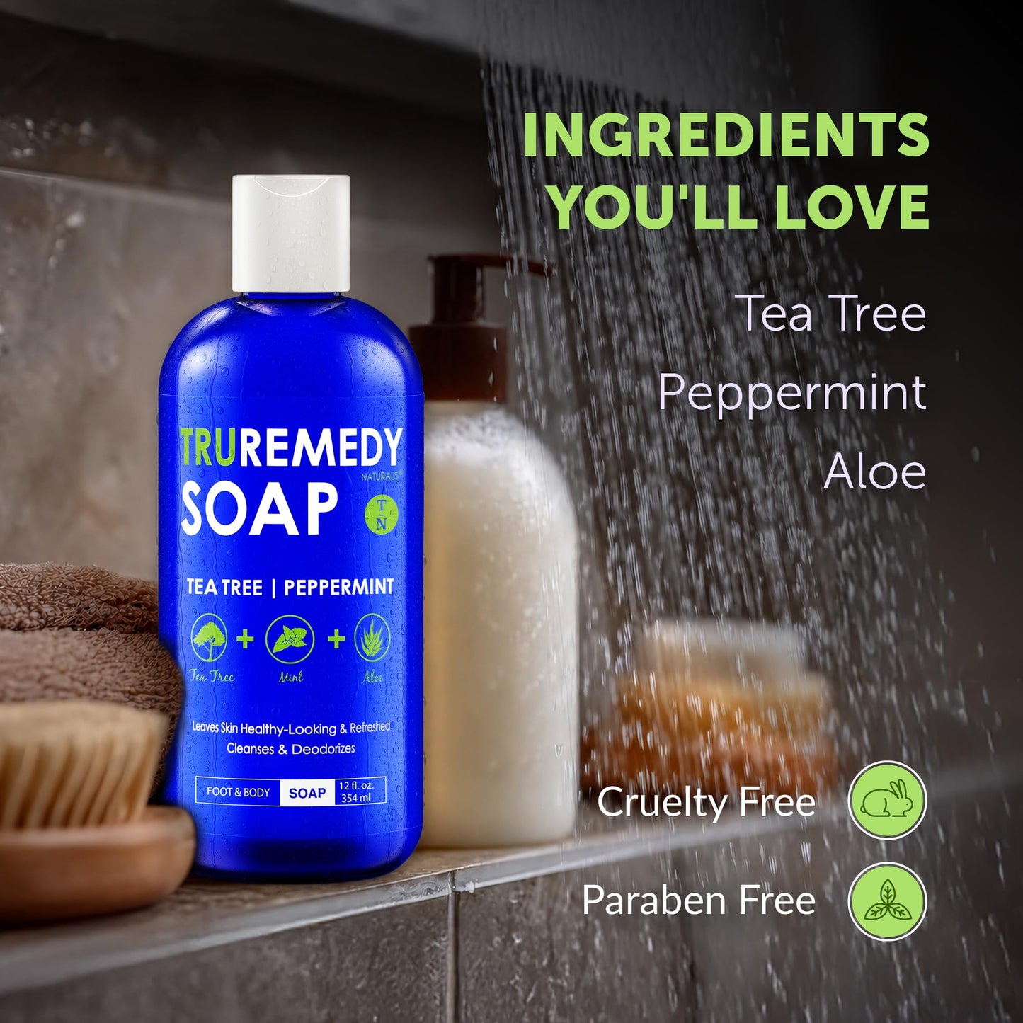 Truremedy Naturals 12 oz Tea Tree Oil Body Wash - Invigorating Tea Tree Soap with Peppermint, Aloe, Eucalyptus, Coconut and Olive Oil - Refreshing Beauty and Personal Care Truremedy Naturals