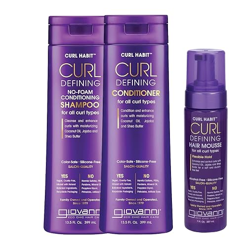 GIOVANNI Curl Habit Trio - Curly Hair Shampoo, Conditioner, & Mousse, Foaming Texture for Curls & Wavy Hair, Enhance Curls with Coconut Oil, Jojoba