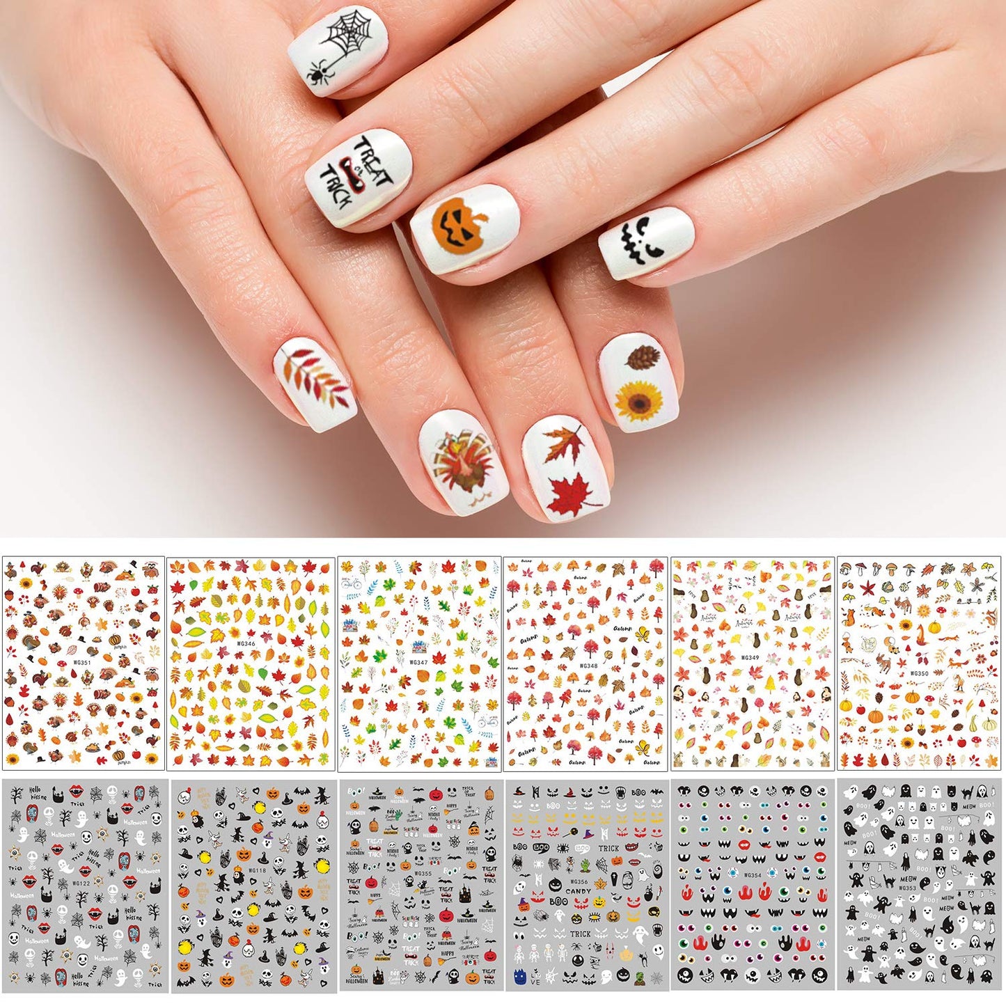 Adurself 1000+ Patterns Halloween and Autumn Fall Nail Art Decals Pumpkin Maple Leaves Nail Self-Adhesive Stickers Spider Web Bat for Women Girls Nail
