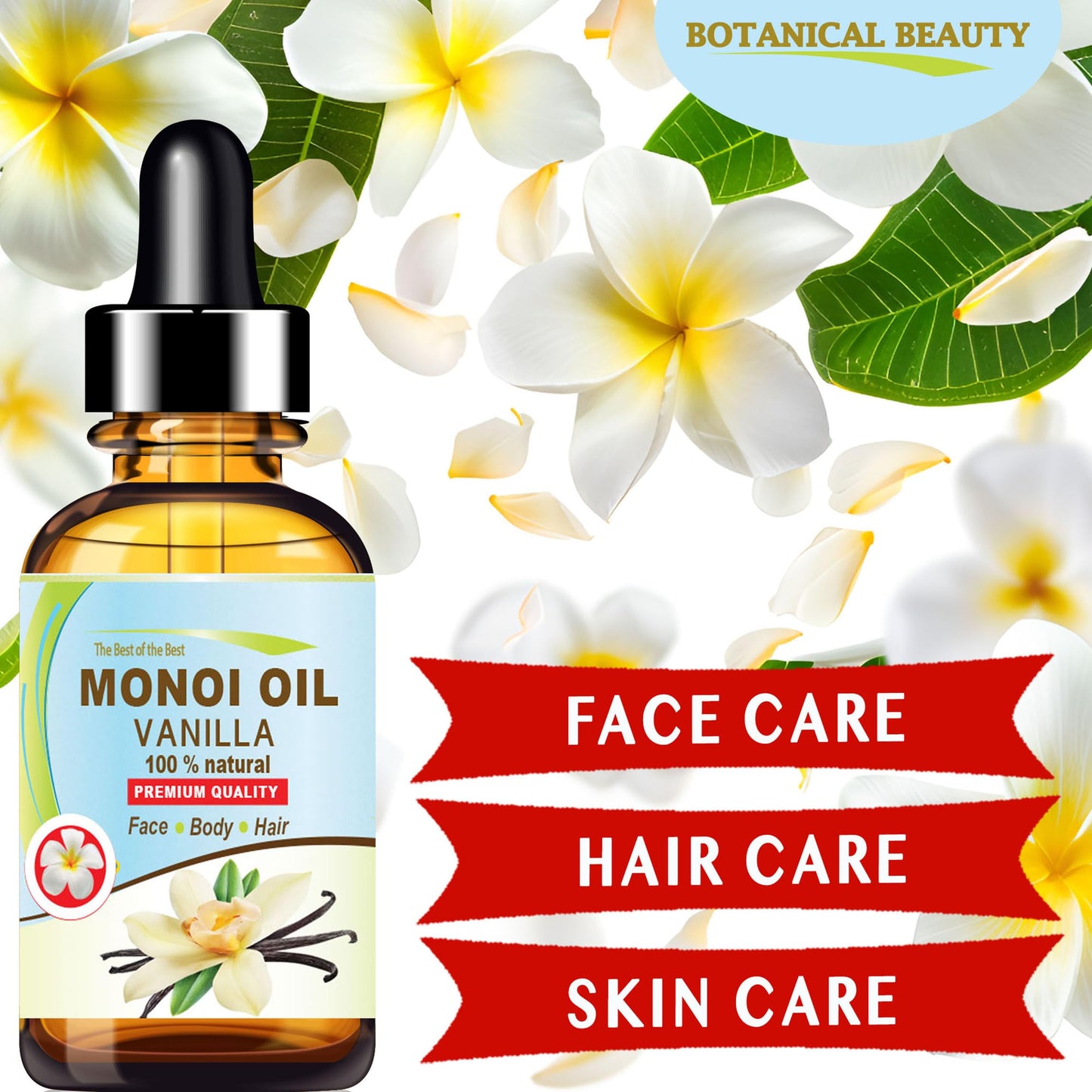 Botanical Beauty MONOI OIL VANILLA - Tiare flowers in Coconut Oil and Vanilla Bean Oil 100% Natural 1 Fl.oz - 30 ml Pure for FACE, SKIN, BODY, HAIR