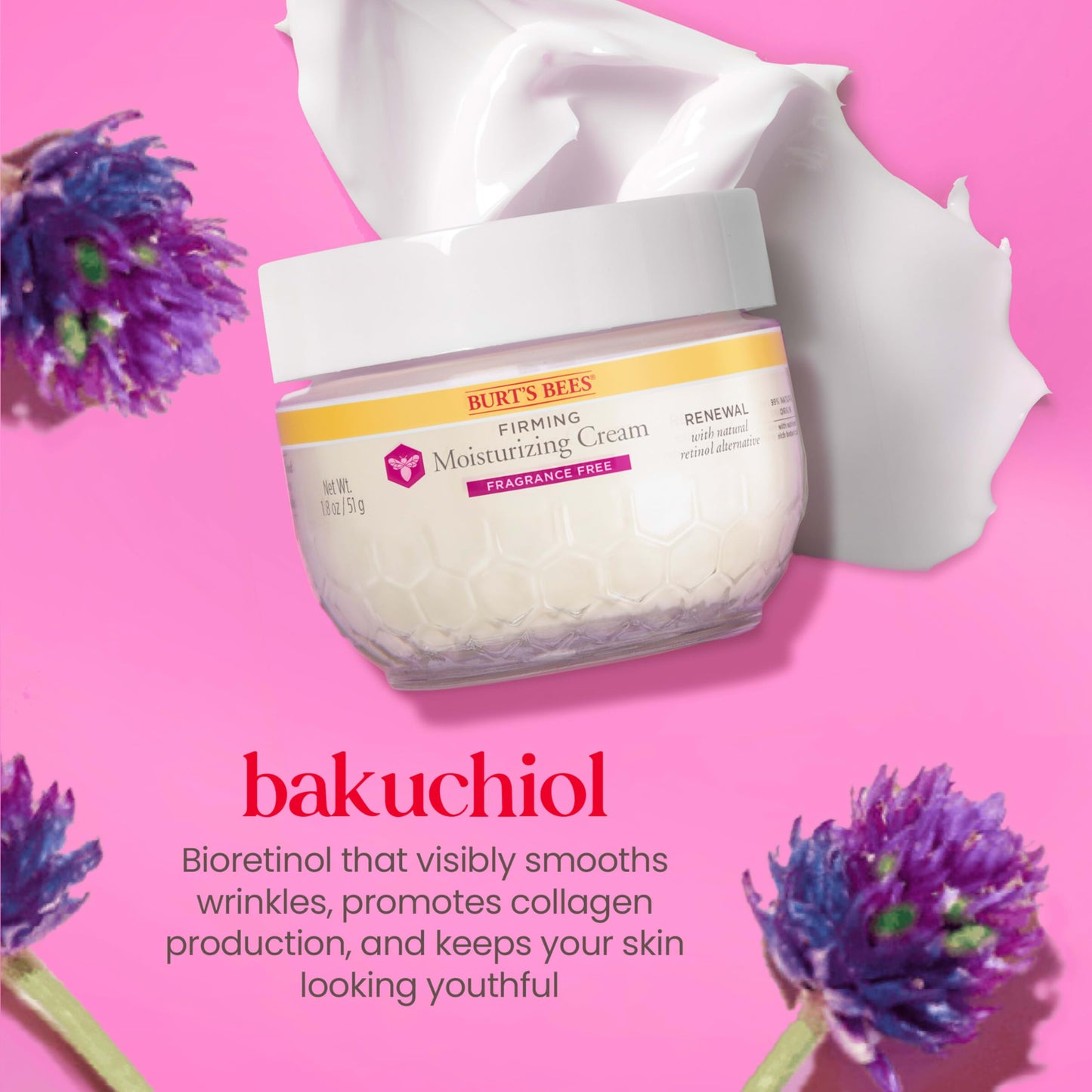 Burt's Bees Renewal Fragrance-Free Firming Moisturizing Face Cream With Natural Retinol Alternative, Firming Face Cream With Bakuchiol, 99 Percent