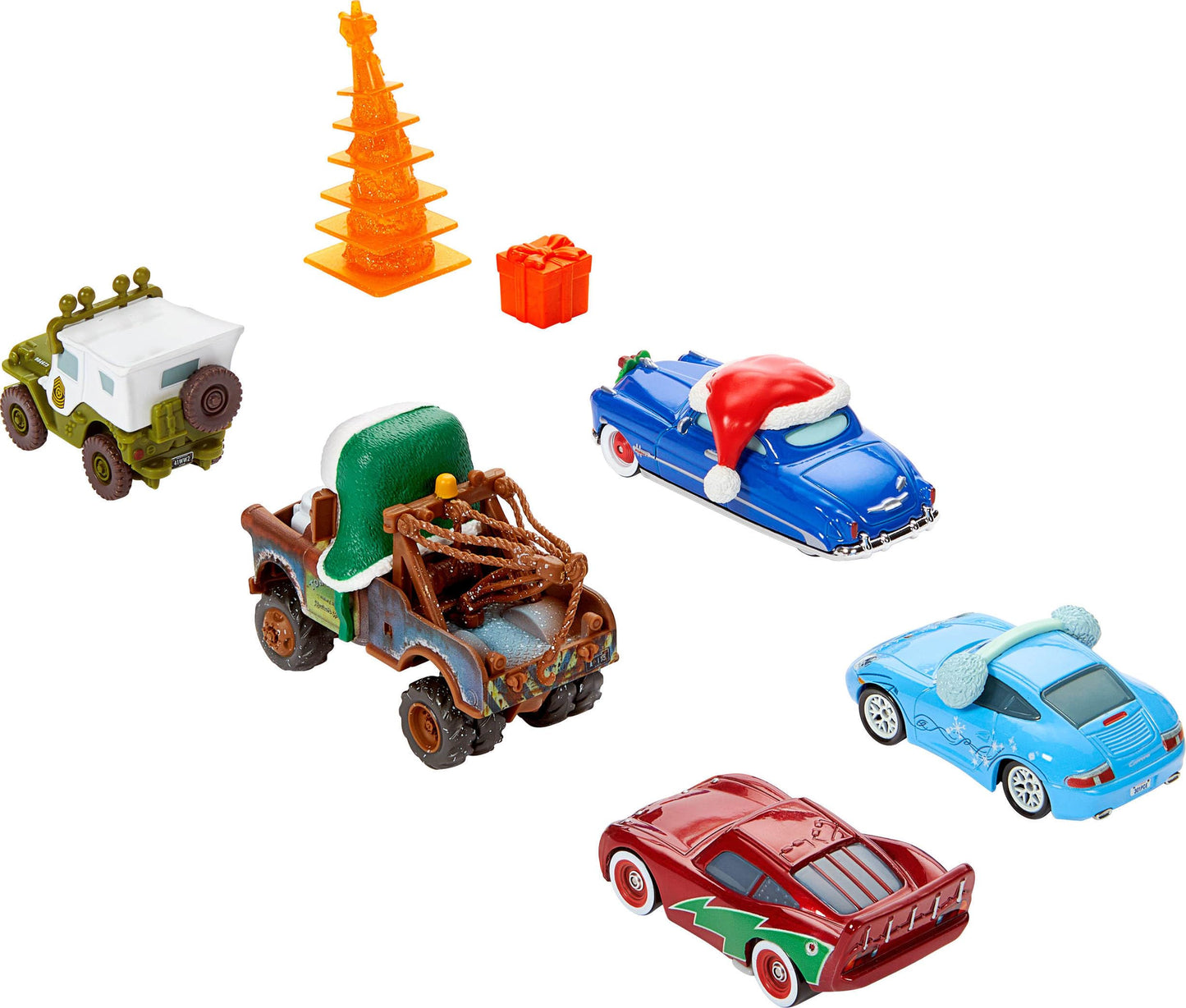 Mattel Disney and Pixar Cars Toy Multipack, Set of 5 Winter-Themed Vehicles Including a Holiday Hotshot Lightning McQueen & 2 Plastic Accessories