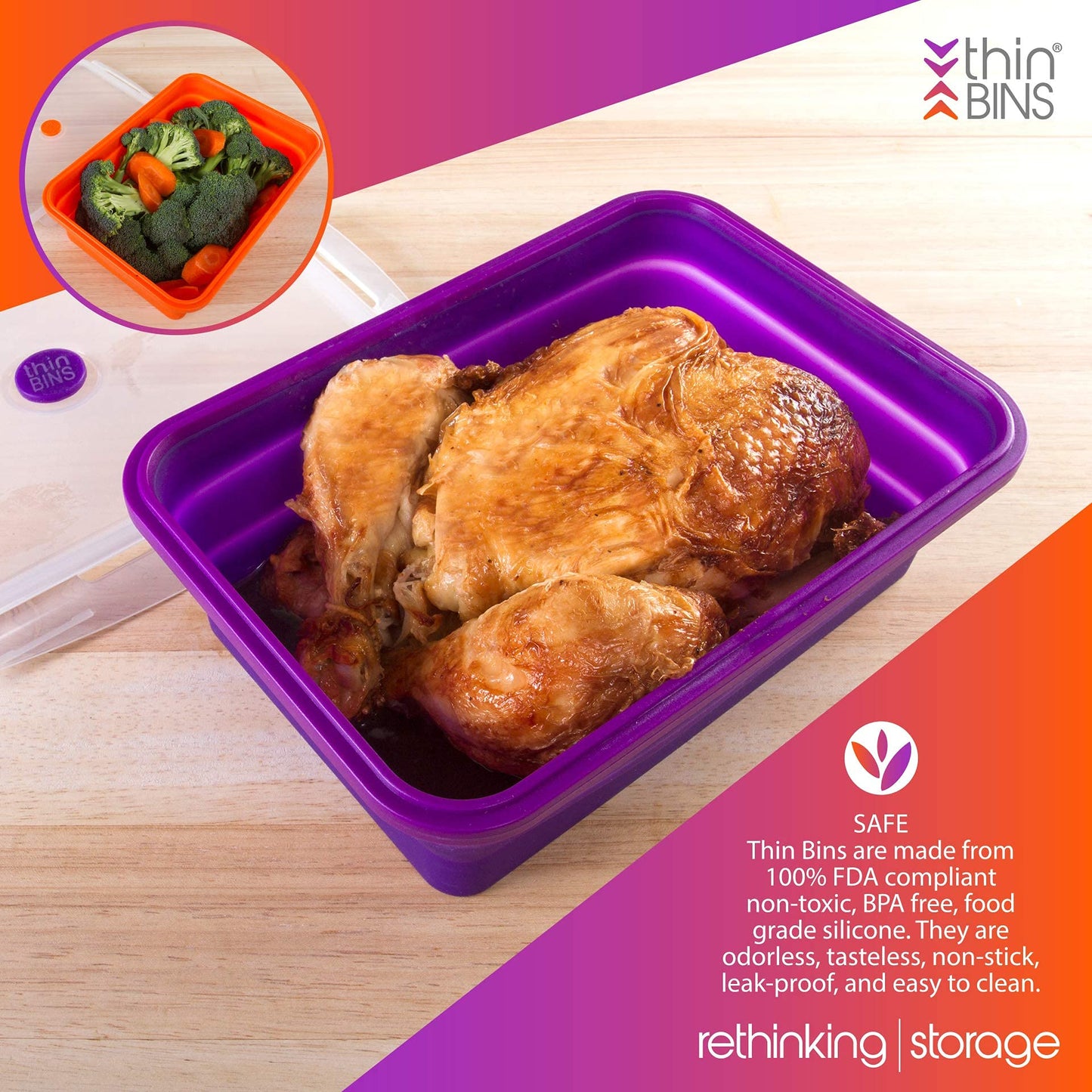 Kitchen Home Thin Bins Collapsible Containers - Set of 2 Extra Large Rectangle Silicone Food Storage Containers - BPA Free, Microwave, Dishwasher…