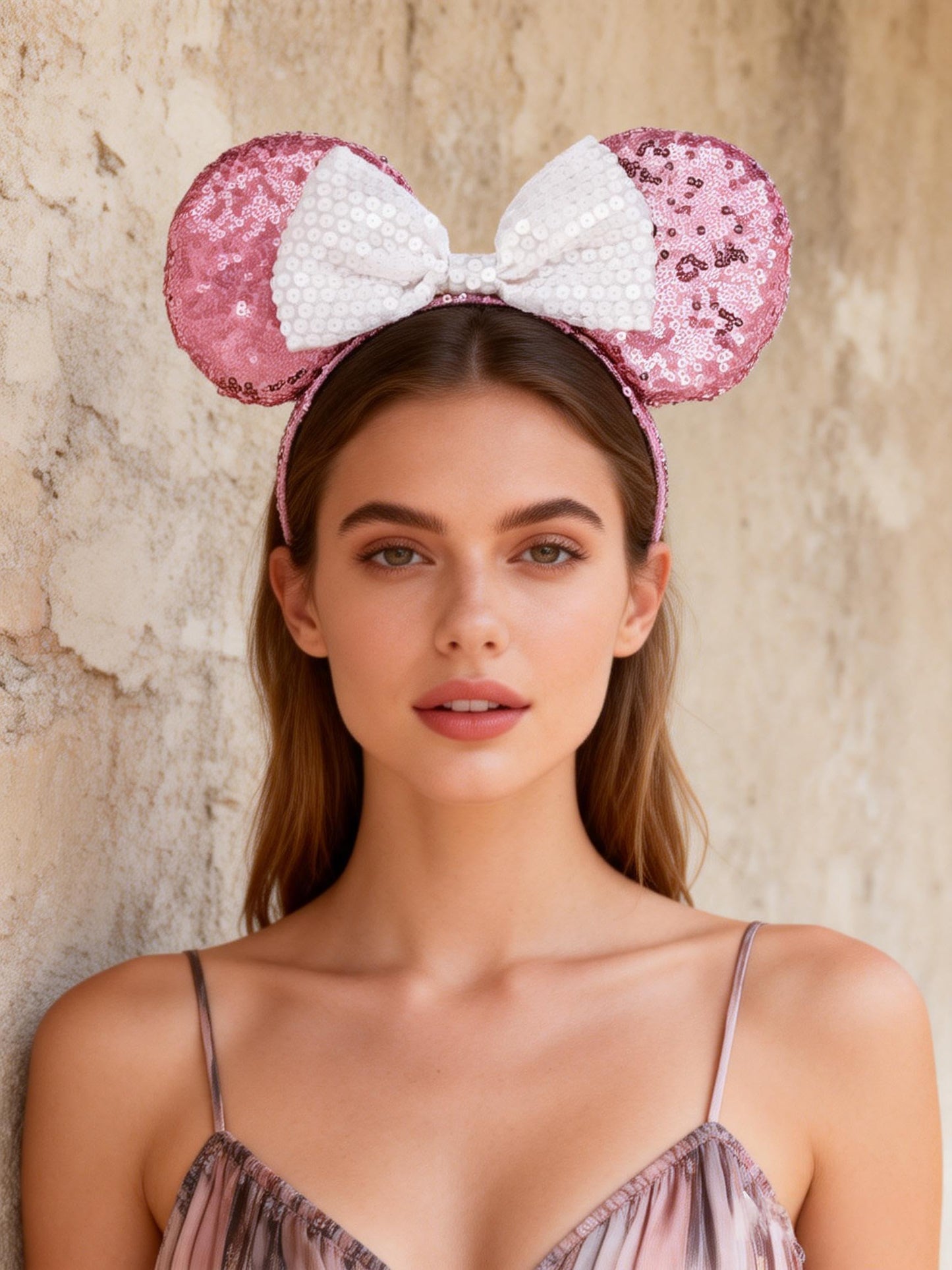 A Miaow Sequin Black Mouse Ears Headband MM Glitter Hair Clasp Adults Women Butterfly Hair Hoop Birthday Party Holiday Park Photo Supply (Pink