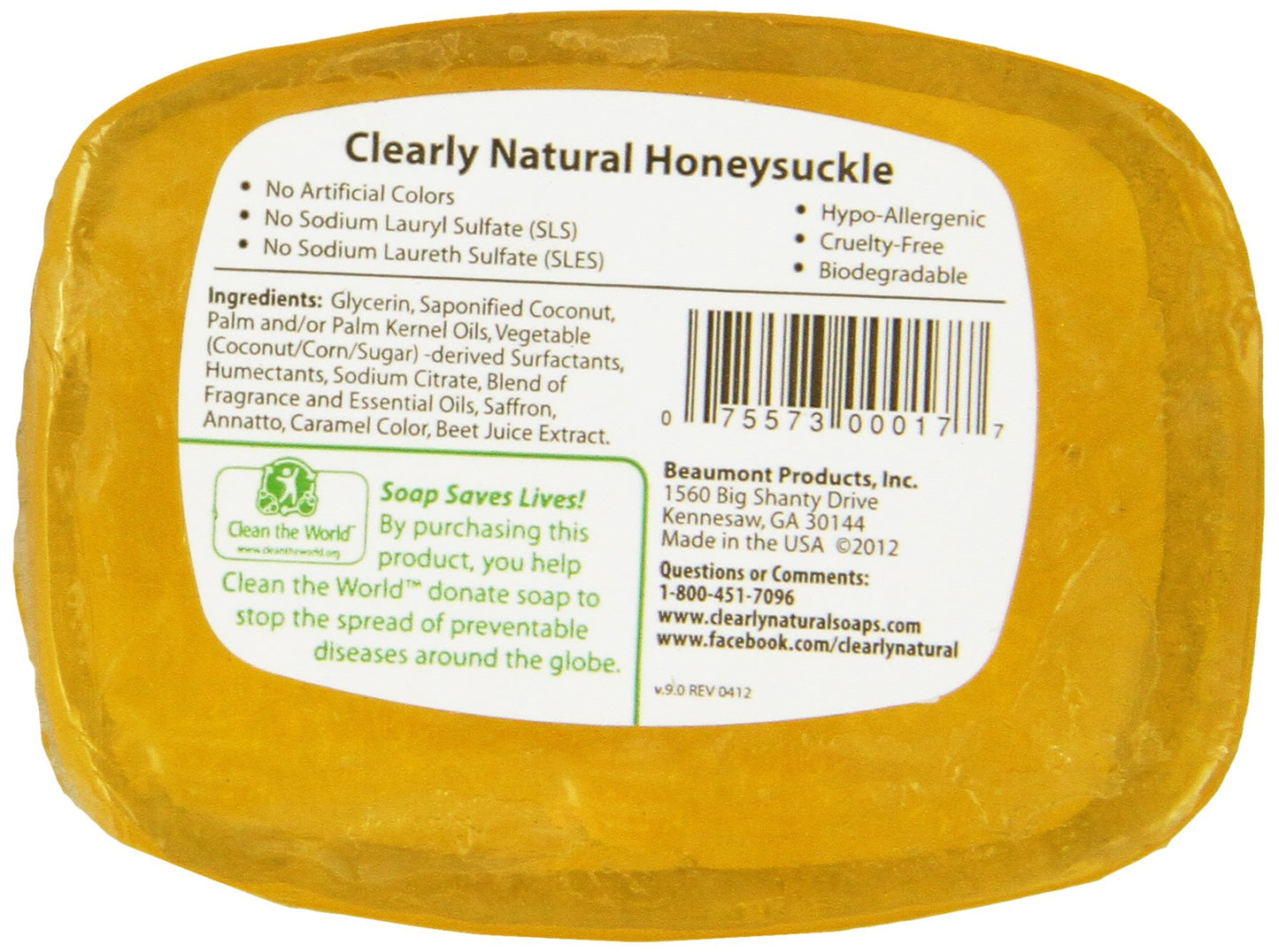 Clearly Natural, Glycerine Soap Bar, Honeysuckle, 4 oz