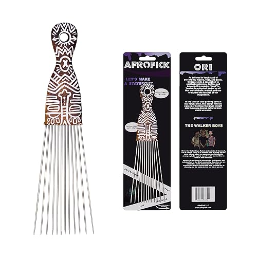 Afropick Metal Black Hair Pick for Natural Curly Long Thick Hair- Afro Pick Comb for Men, Women- African Artist Designs IMPROVED 2.0 (Ori)