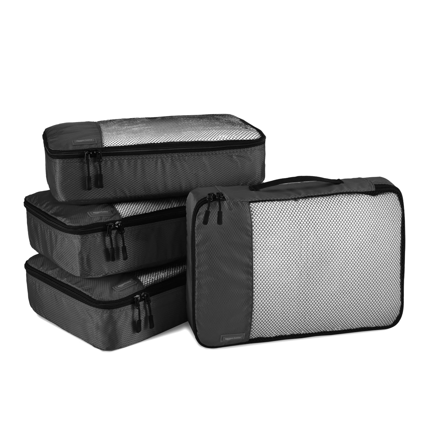 Amazon Basics Lightweight Packing Cubes Travel Organizer Set with Double Zipper, Mesh Top, Durable Polyester, Medium, 4 Piece, Black