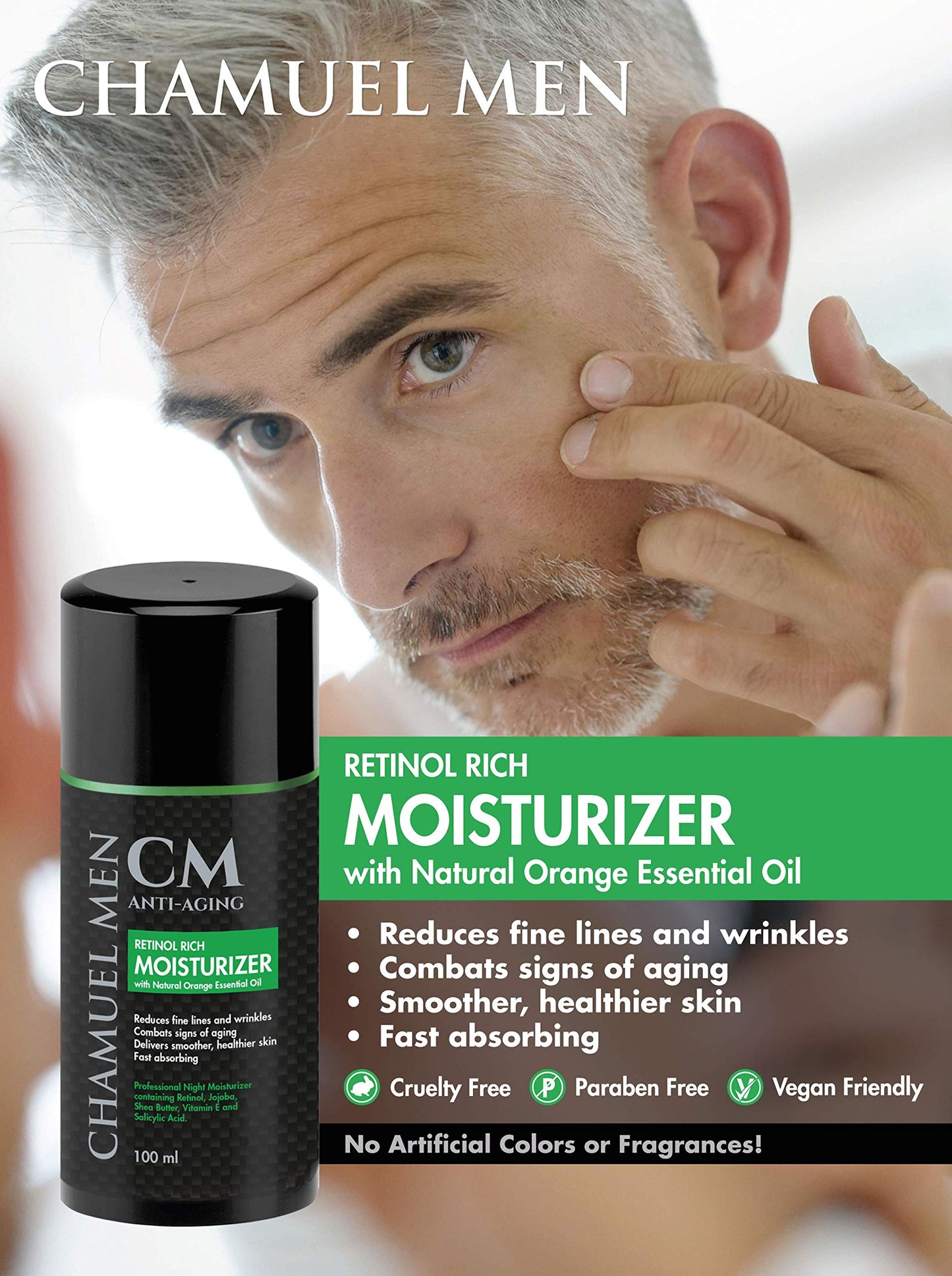 CHAMUEL MEN Daily Face Cream for Men with 2.5% Retinol Anti-Aging Moisturizer for Fine Lines, Dark Spots, and Wrinkles - Overnight Lotion