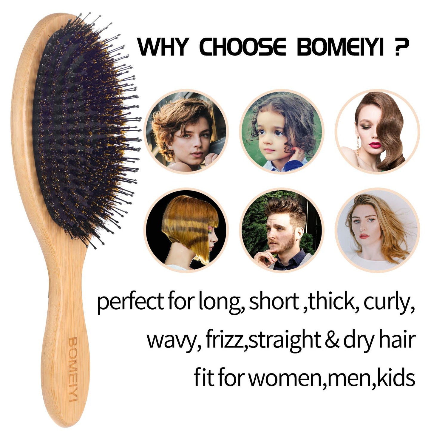 BOMEIYI Boar Bristle Hair Brush for Thick Curly Thin Long Short Wet or Dry Hair, Adds Shine and Makes Hair Smooth, Best Paddle Hair Brush for Men