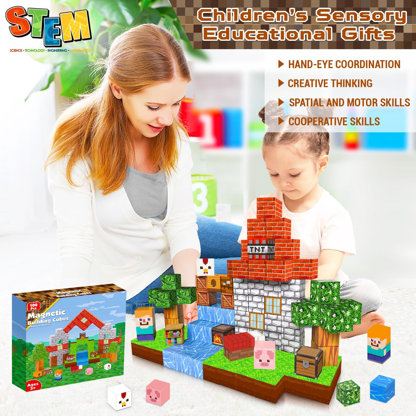 Goody King 100pcs Magnetic Blocks – STEM Building Cubes & Stacking Toys for Kids Ages 3-10, Montessori Sensory Tiles Birthday Gift