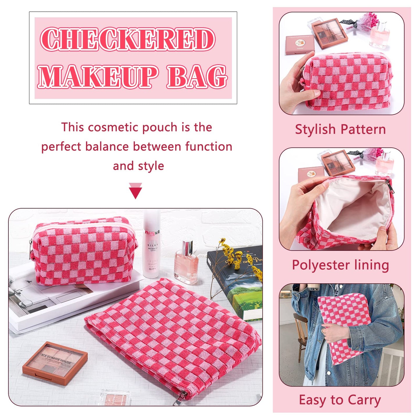 ZLFSRQ 2Pcs Checkered Makeup Bag Set – Large & Small Cosmetic Travel Toiletry Pouches for Women, Cute Preppy Pink Zipper Bags