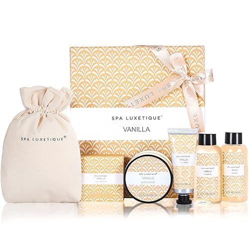 Spa Luxetique Spa Gifts for Women 6pc Vanilla Bath Sets Women Gift With Body Lotion, Shower Gel, Bubble Bath, Hand Cream, Bath and Body Gifts Set