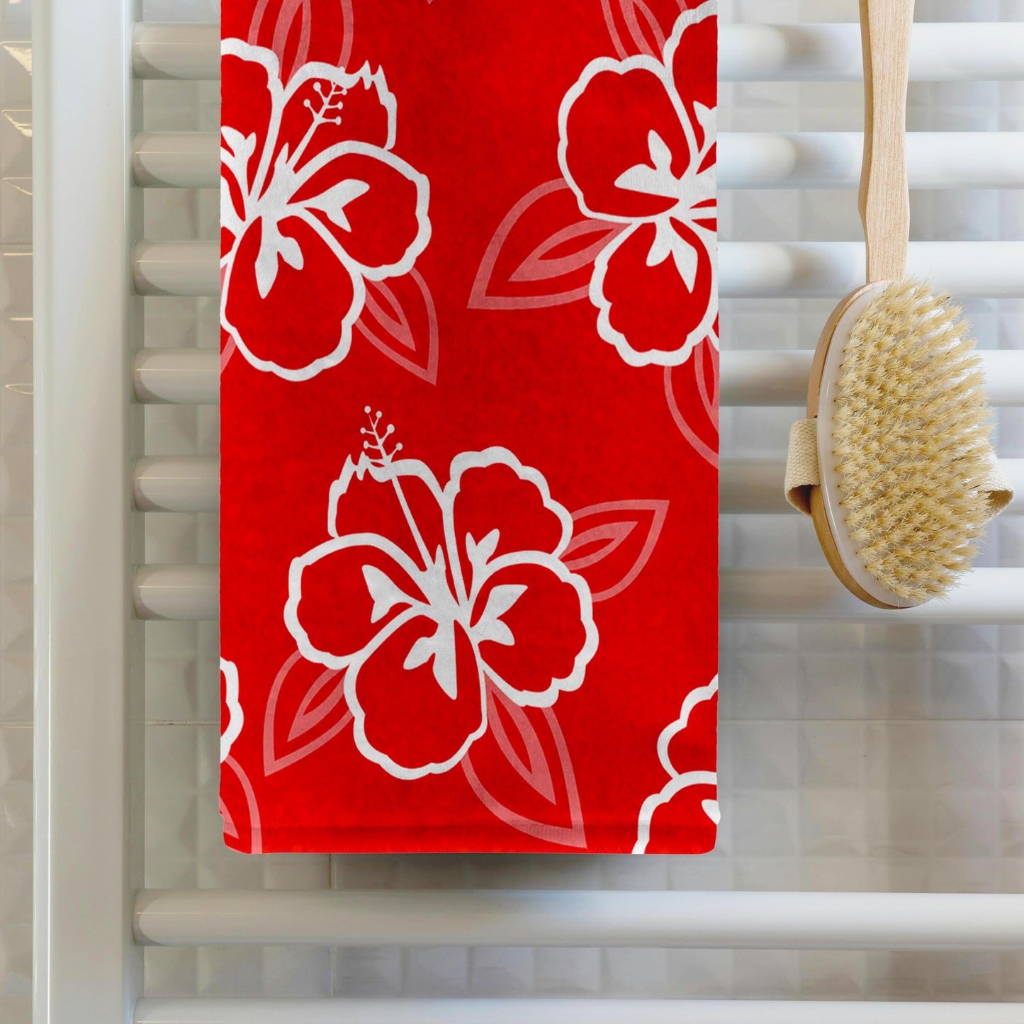 3D Rose Hawaiian Hibiscus Flower Print-Red and White Hand/Sports Towel, 15 x 22