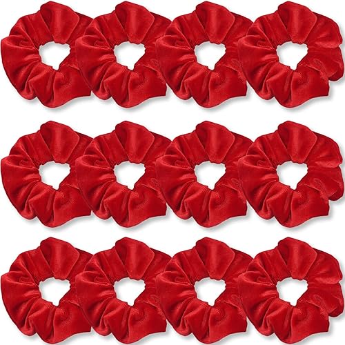 IVARYSS Red Scrunchies, Premium Velvet Soft Hair Scrunchy, Solid Colors Thick Elastic Bands, Hair Accessories for Women and Girls, 12 Pack