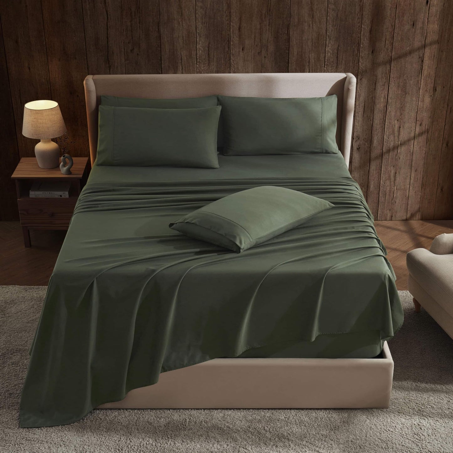 Hearth & Harbor Extra Deep Pocket Sheet Sets, Luxury Soft 6 Piece Bed Sheet Set Fits Mattress 18-24 Inches - King, Olive Green