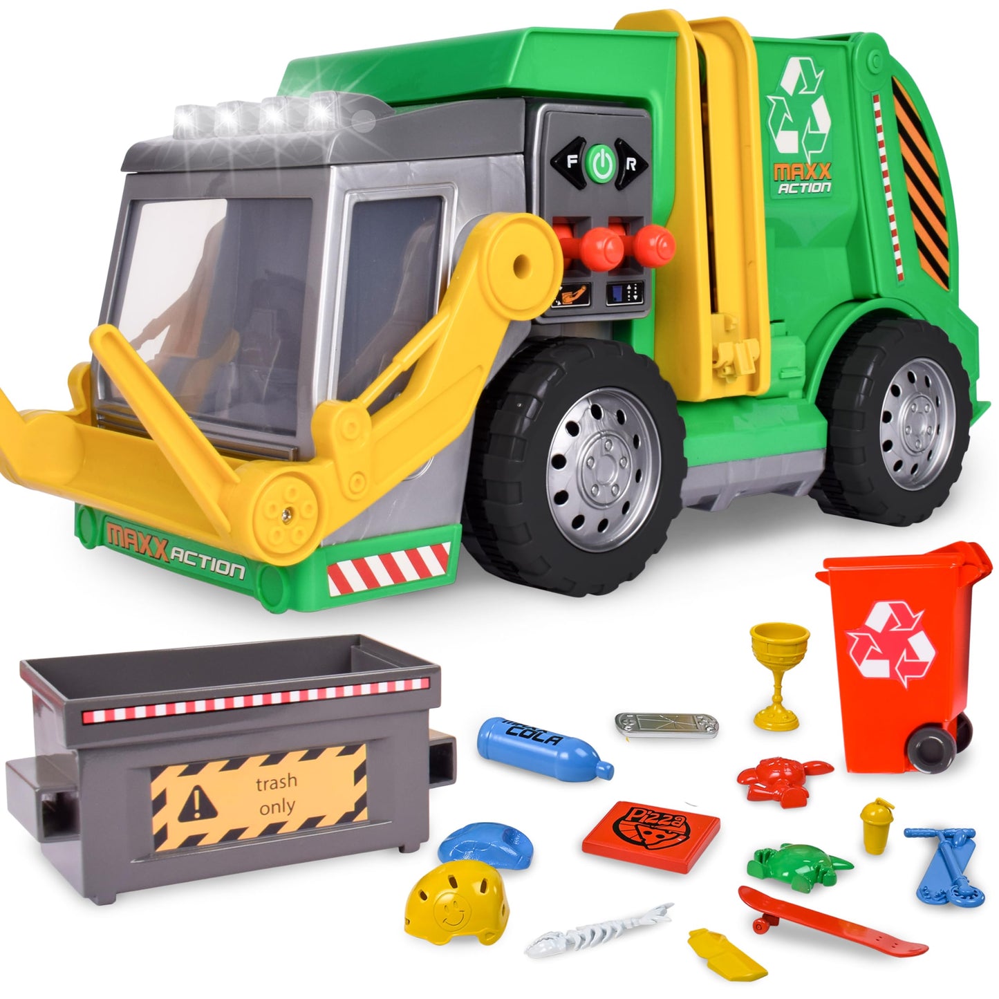 Large Motorized 19" Maxx Action Garbage Truck Toy Set with Lights and Sound Includes Dumpster, Trash Bin and Miniature Trash Pieces for Kids