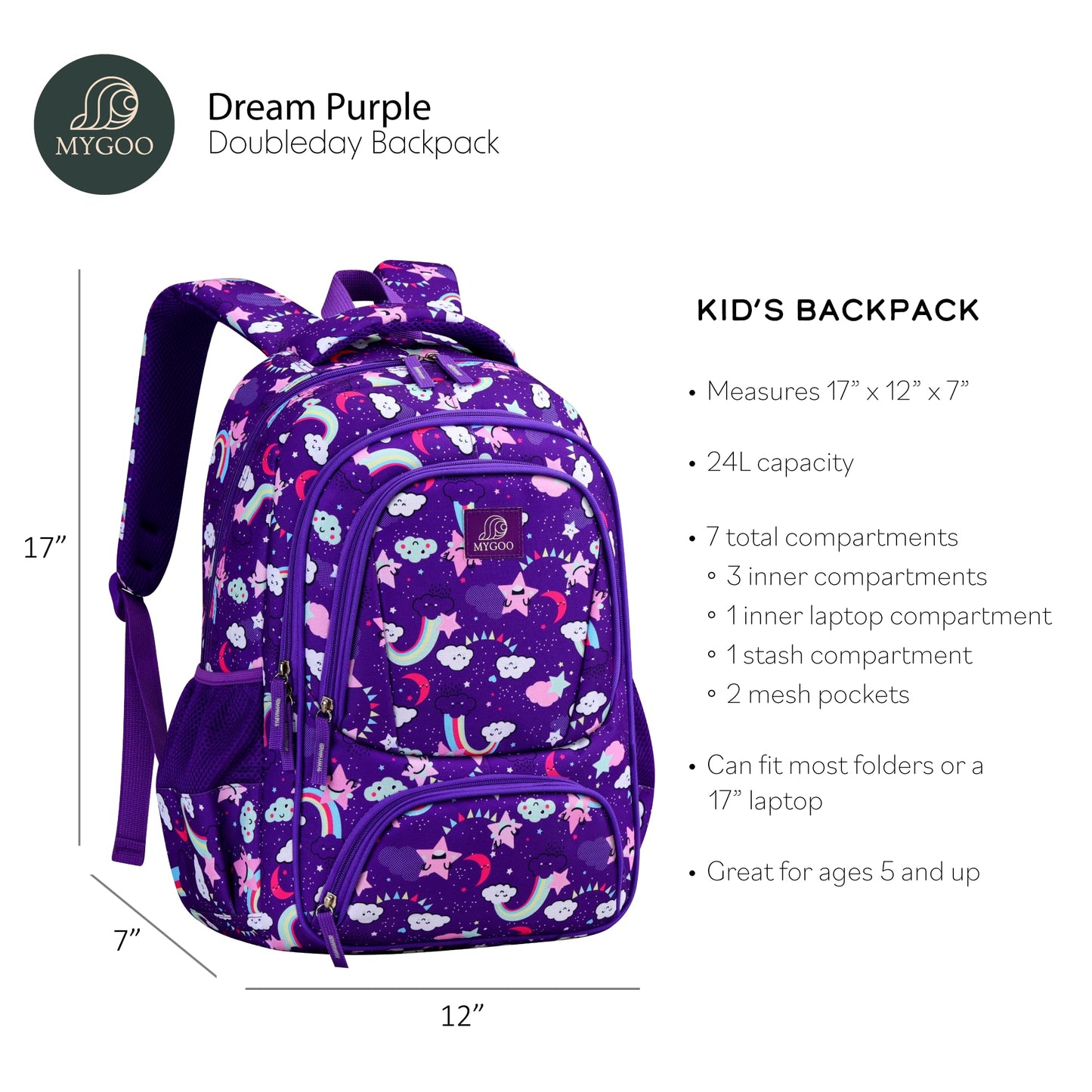 MYGOO Girls Backpack - 17" Tall Large Elementary School Bag, Doubleday Collection, 24L Capacity, Dream Purple