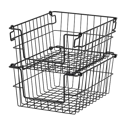 TRINITY 2-Pack Stackable Metal Wire Storage Baskets With Handles, Black, 11 Inches