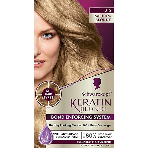 Schwarzkopf Keratin Blonde Hair Dye, 8.0 Medium Blonde, Professional Quality Permanent Hair Color, Bond Enforcing System, Pre-Color Serum & Purple