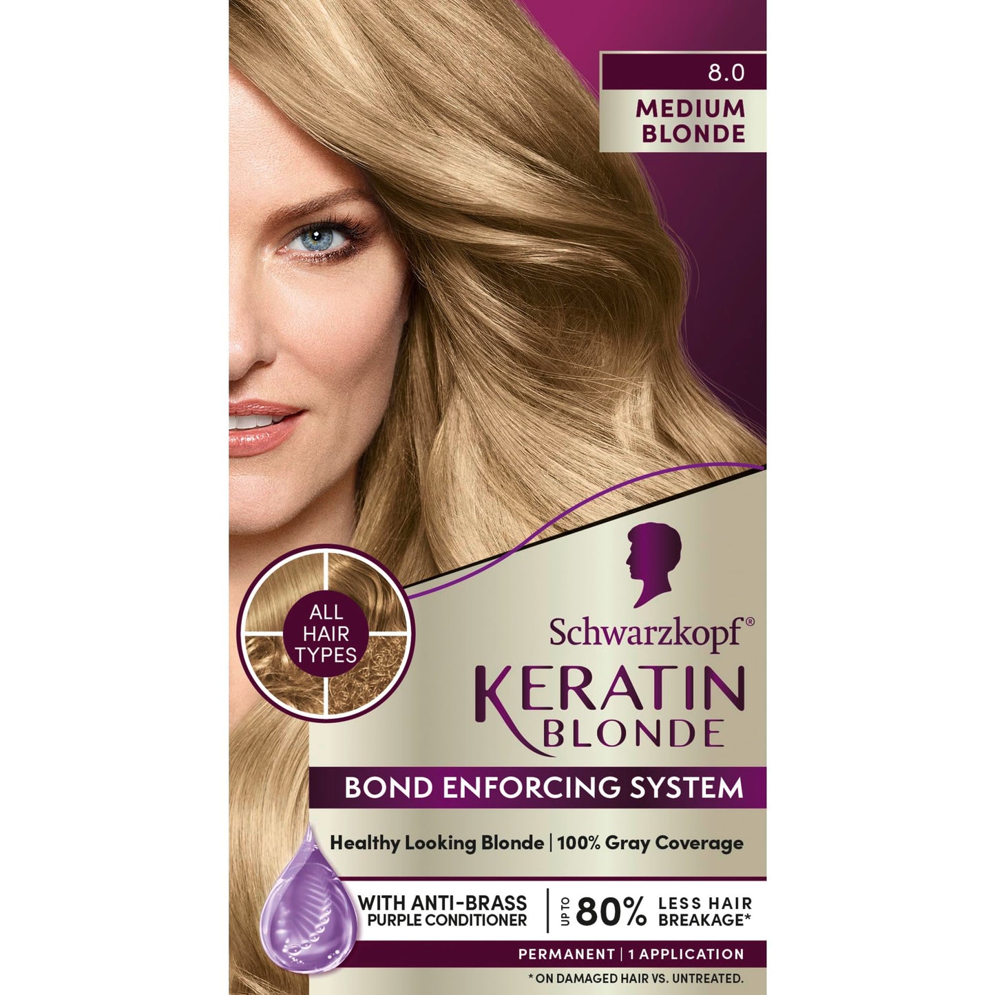 Schwarzkopf Keratin Blonde Hair Dye, 8.0 Medium Blonde, Professional Quality Permanent Hair Color, Bond Enforcing System, Pre-Color Serum & Purple