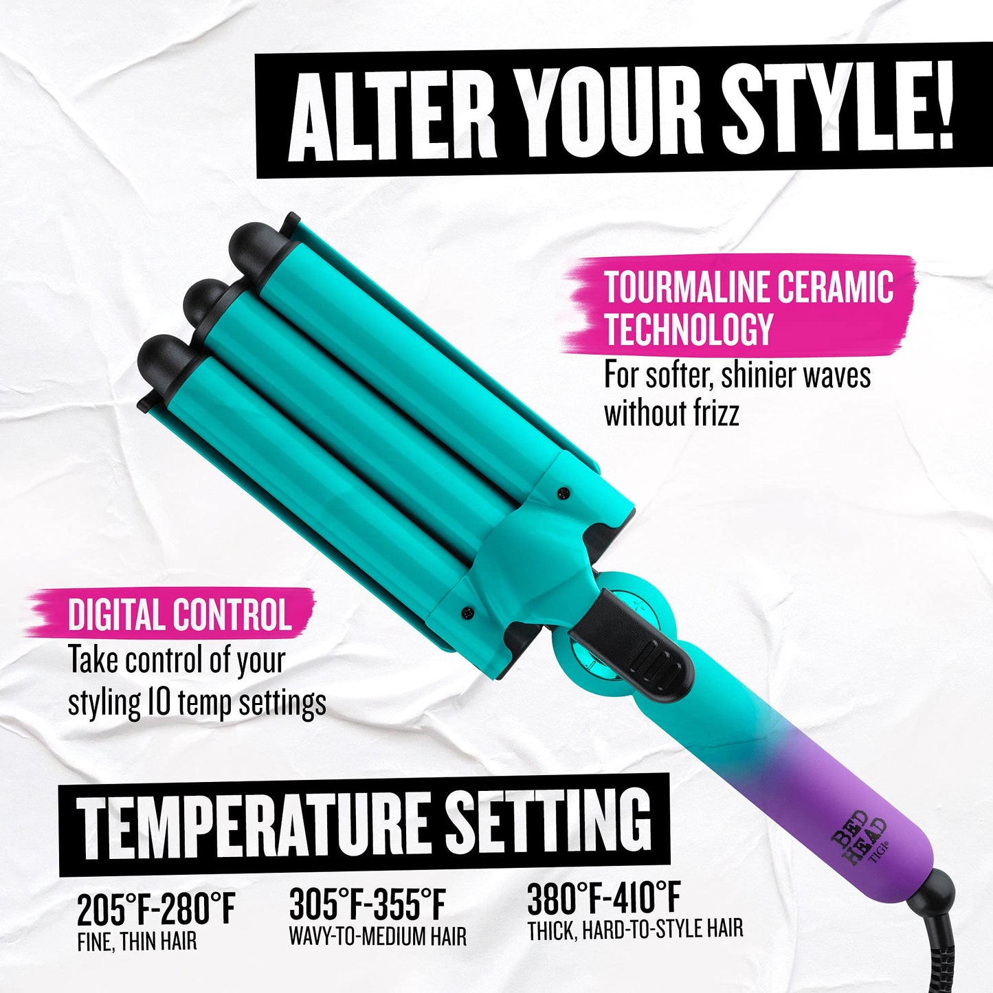 Bed Head Wave Affair Jumbo 3 Barrel Hair Waver – Quick Styling, Long Hold & Less Heat Damage with Heat-Protectant Glove