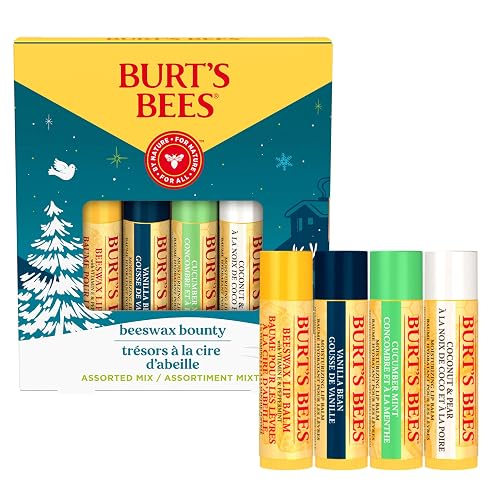 Burt's Bees 4 Lip Balm Stocking Stuffers Products, Assorted Mix Set - Classic Beeswax, Vanilla, Cucumber Mint & Coconut and Pear (Pack of 4)