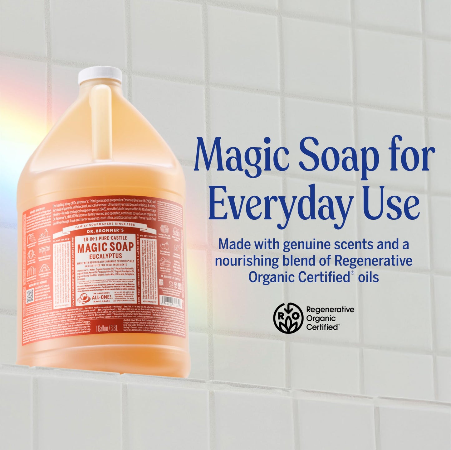 Dr. Bronner's Pure-Castile Magic Soap Liquid (Eucalyptus, 1 Gallon) - Made with Regenerative Organic Certified Oils, 18-in-1 Uses: Face, Body, Hair
