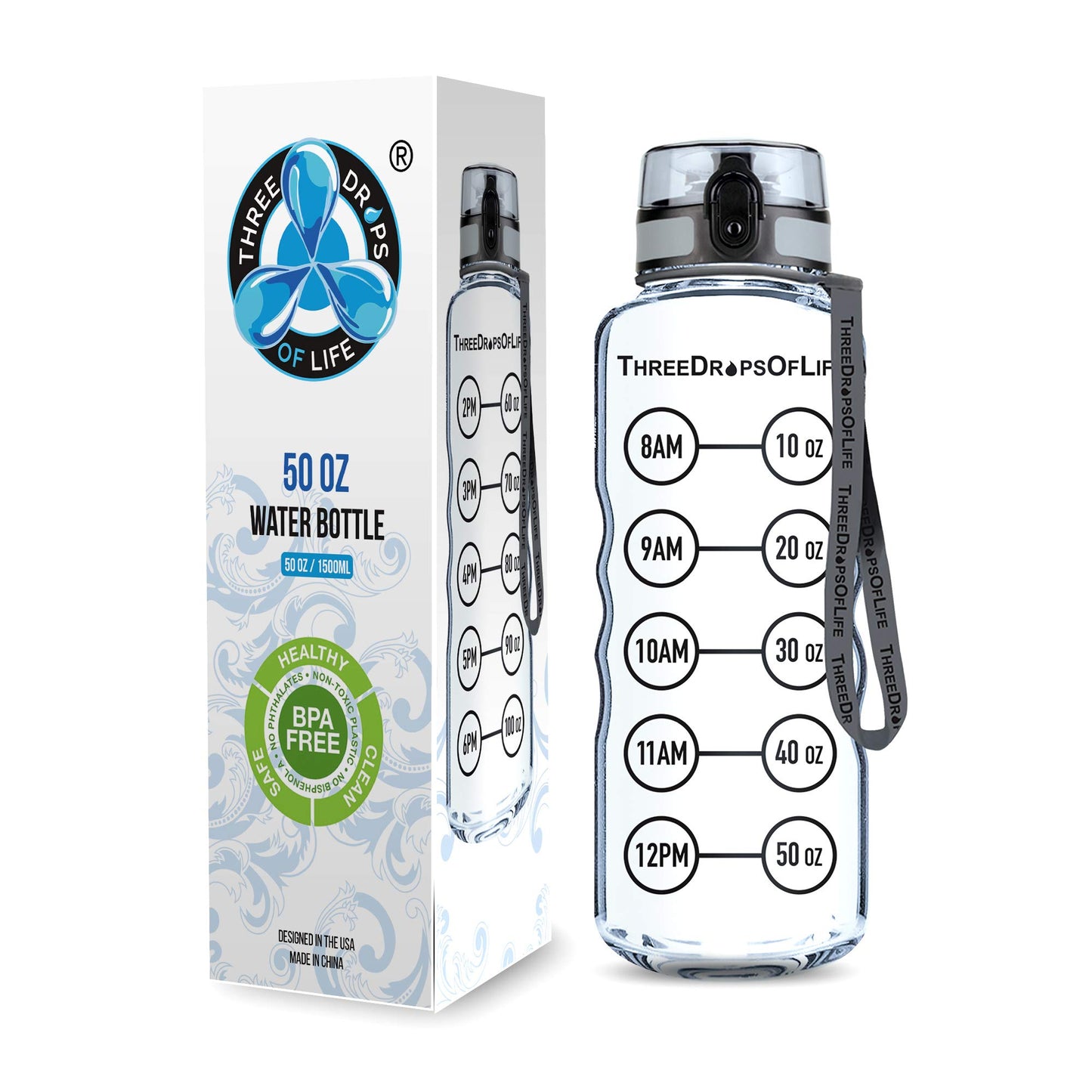 50oz Sport Water Bottle - Best for High Capacity Hydration - Clear Tritan Plastic, BPA Free, Flip Top, Leak Proof Lid, Re-Design Lid, New Strainer