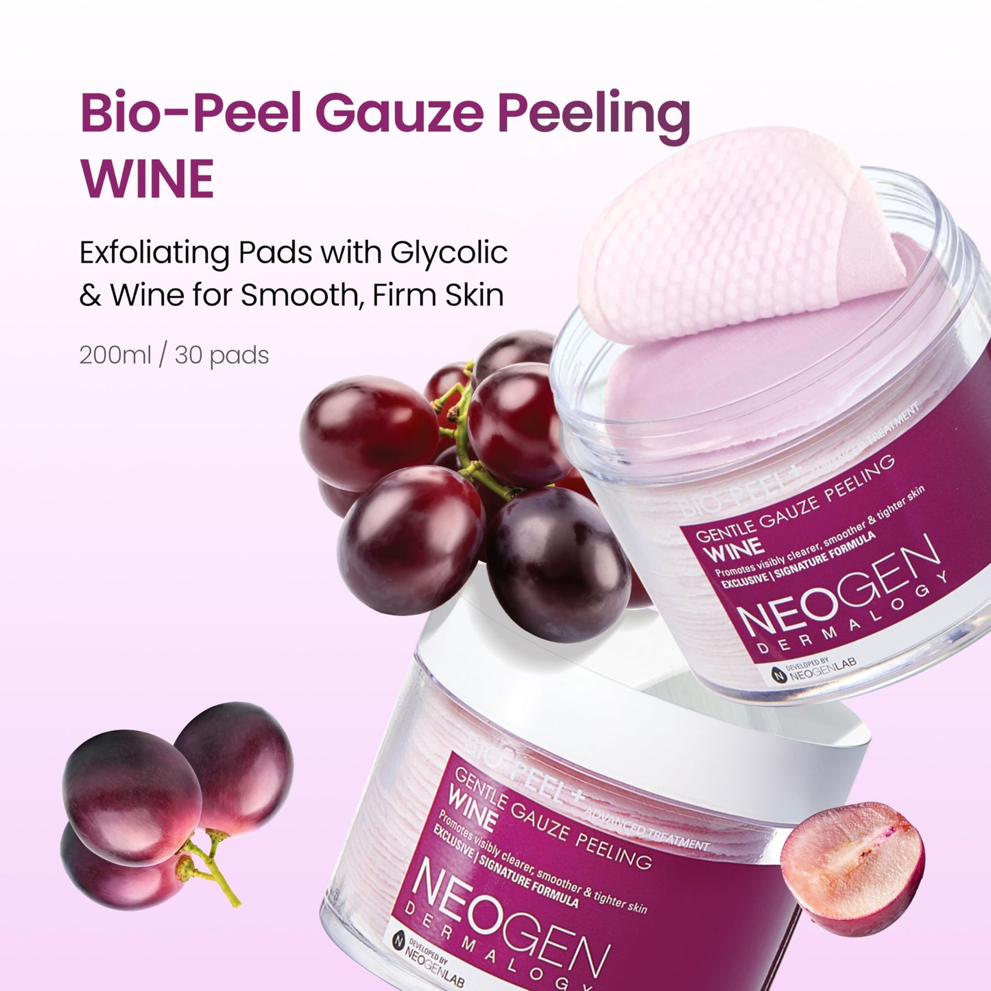 DERMALOGY by NEOGENLAB Bio-Peel Gauze Peeling Pads (Wine, 30 pads) - Exfoliating & Firming Peeling Pad with PHA & Red Wine & Resveratrol & Acid
