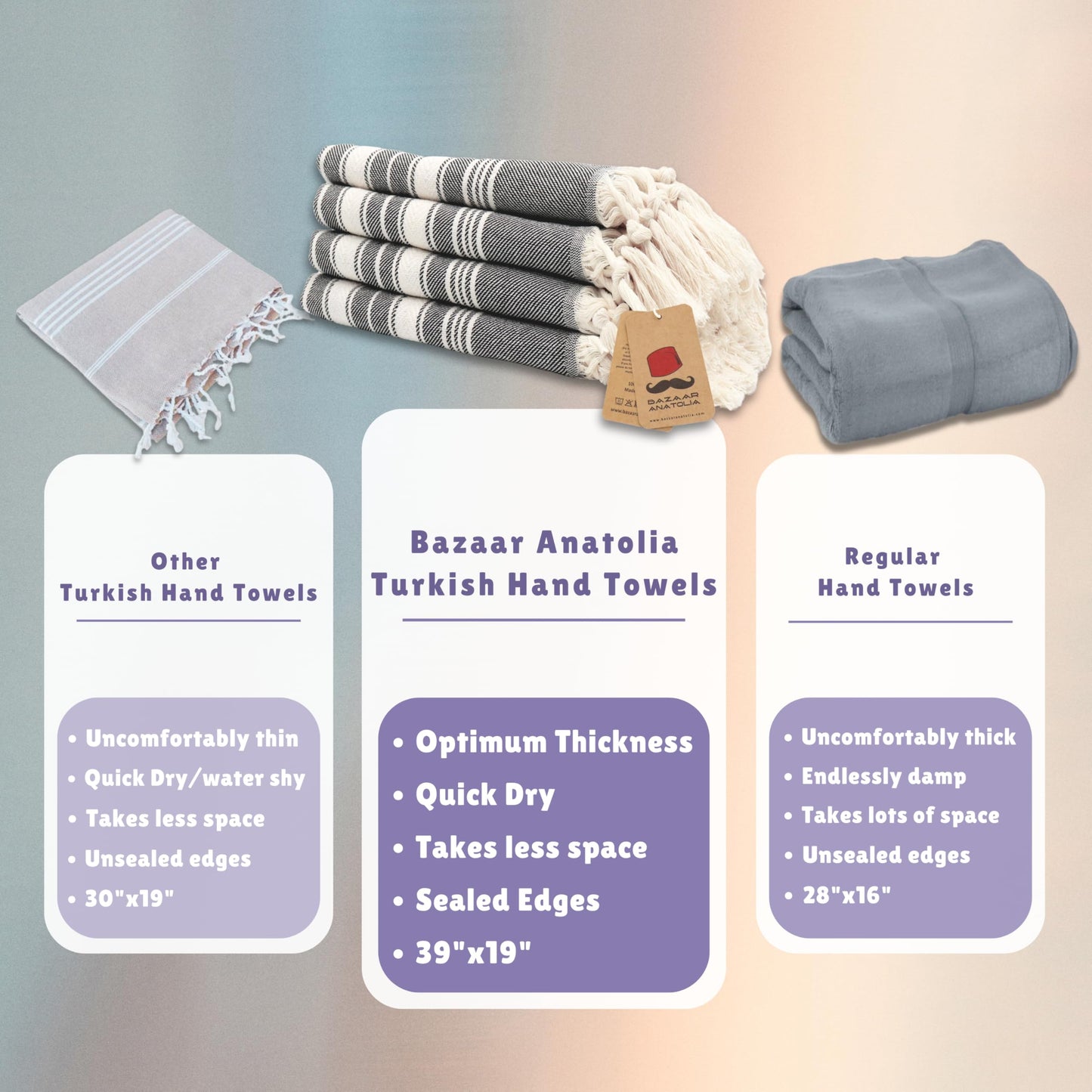 Bazaar Anatolia Hand Towels - Set of 4 | 39" x 19" - Decorative Turkish Hand Towel for Bathroom, 100% Cotton, Kitchen, Face, Hair, Tea, Dishcloth…