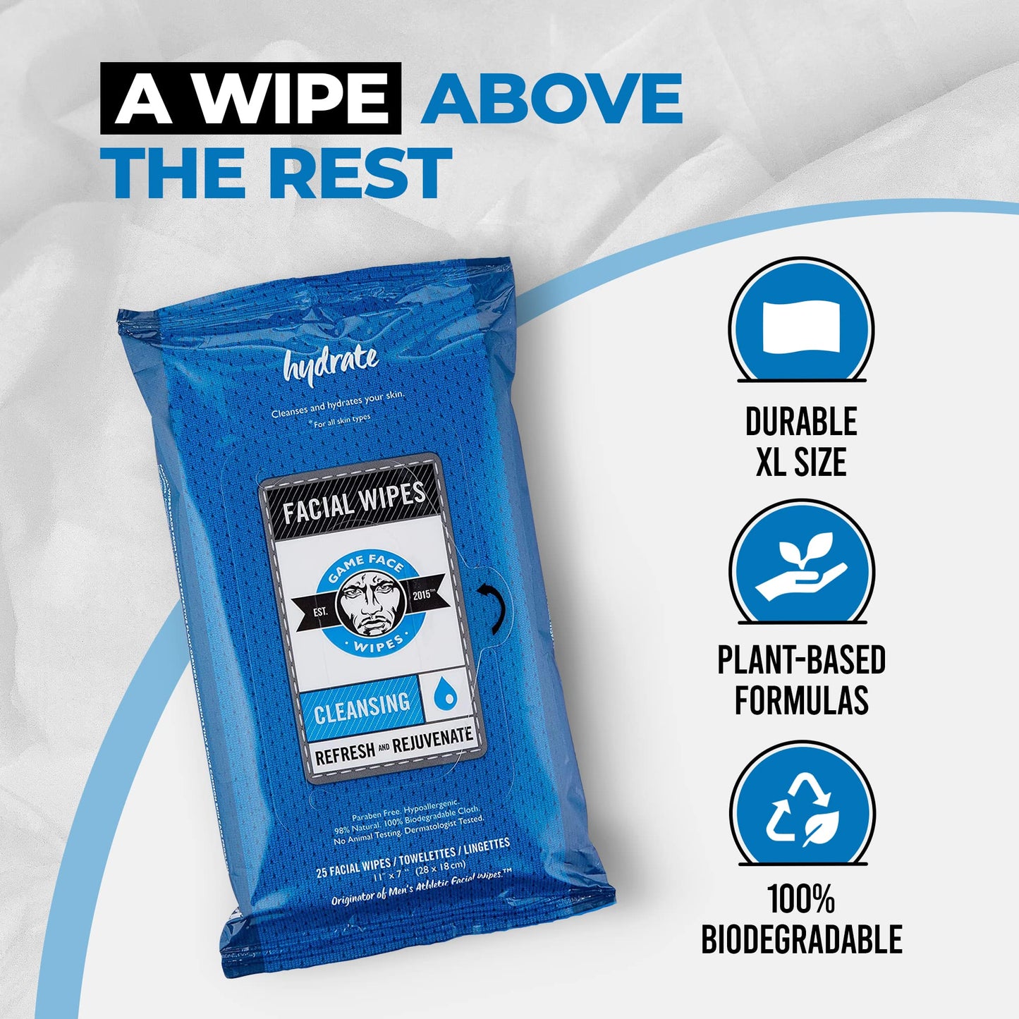 Game Face Cleansing Face Wipes 25 Count Pack XL Size 100% Compostable, Naturally Formulated and Lightly Scented Hydrating, Refreshing
