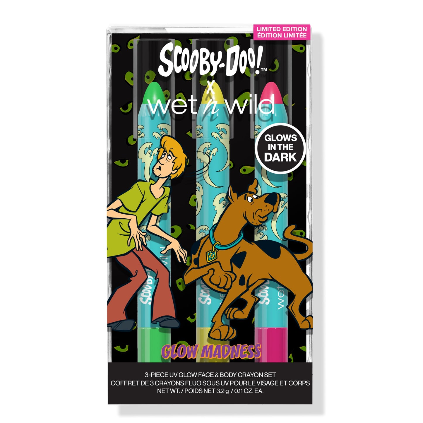 wet n wild Scooby Doo UV Glow Crayon Set, 3-Piece Face & Body Makeup Kit, Neon Colors that Glow Under UV Light, Infused with Vitamin E, Cruelty-Free