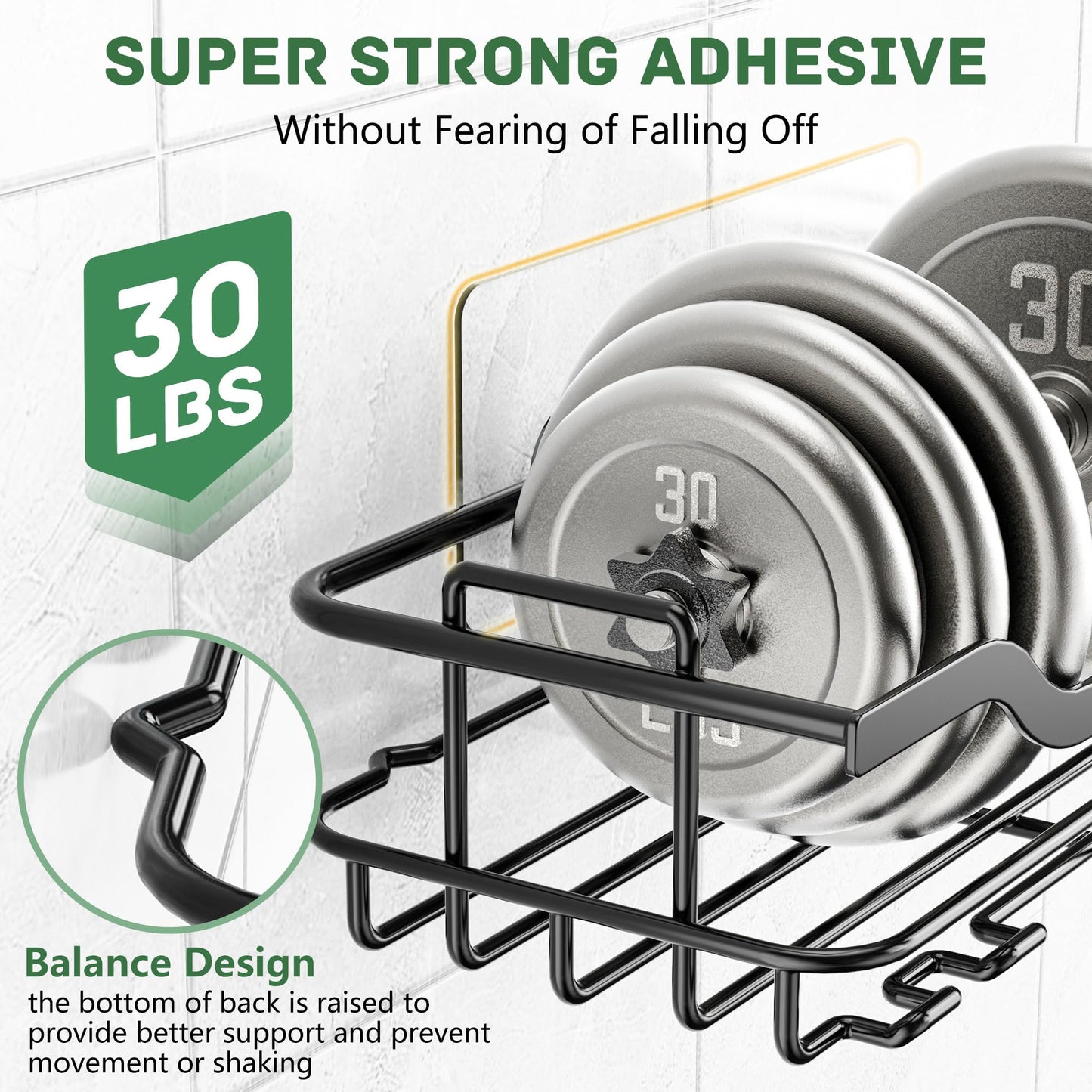 OMAIRA 3-Pack Shower Caddy Set – No-Drill Adhesive Bathroom Organizer with Soap Holder, Rustproof Storage Rack – Black, Large