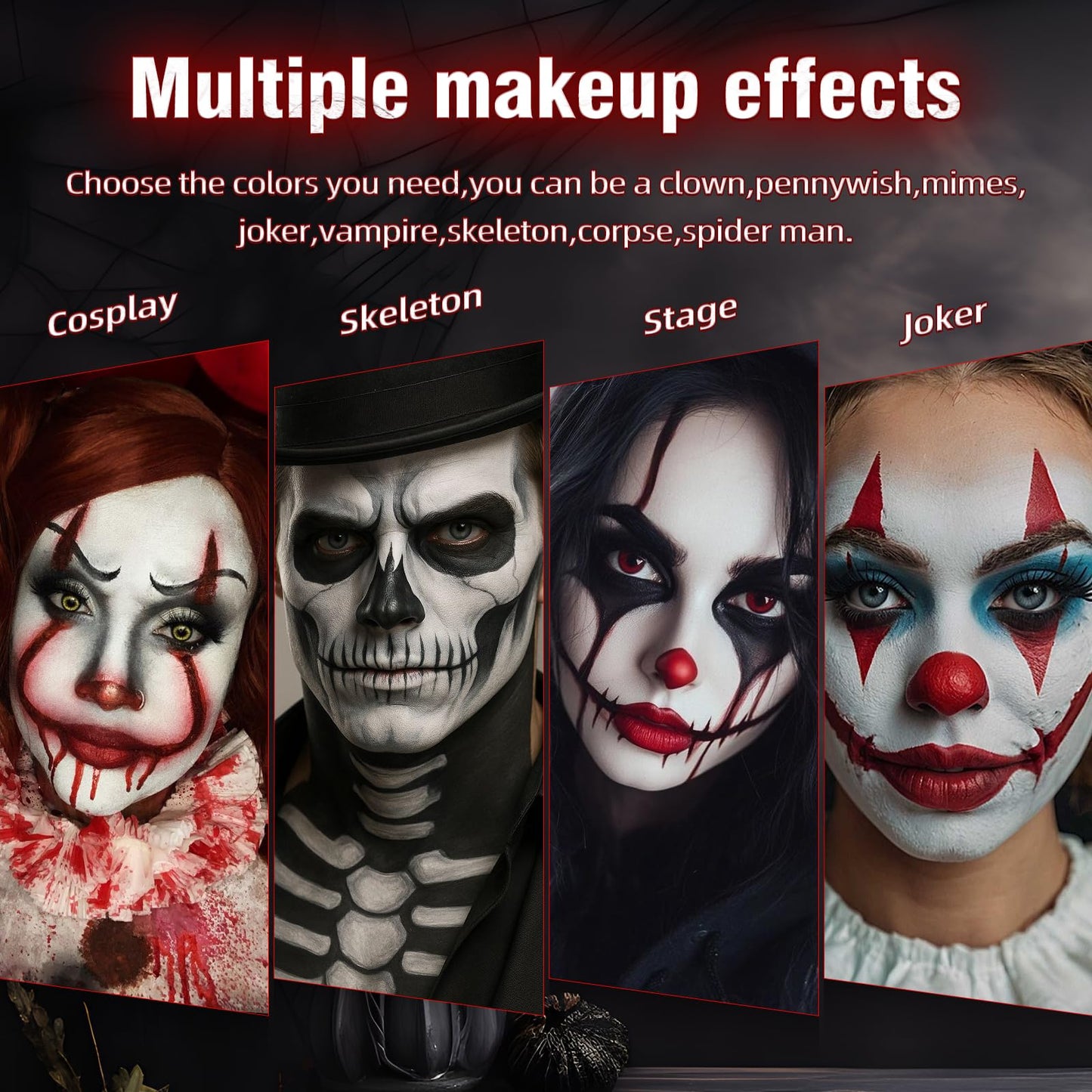 VPCRT6 White Black Red Halloween Face Body Paint with 3PCS Sponge and 1PC Brush, for Baseball, Softball Sports(Eye Black) & Halloween (Joker, Clown)