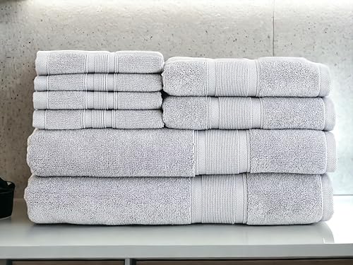 Luzia 8 Piece Bathroom Towel Set - 100% Turkish Cotton, Premium Quality - 2 Bath Towels 2 Hand Towels and 4 Washcloths (Light Grey)