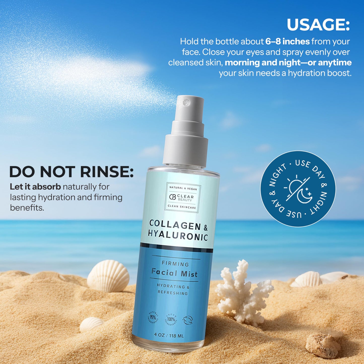 Clear Beauty Hyaluronic Acid & Collagen Face Mist - Dermatologist Tested, Moisturizes & Tones Skin, Anti-Aging, Natural Ingredients, Cruelty-Free, 95%