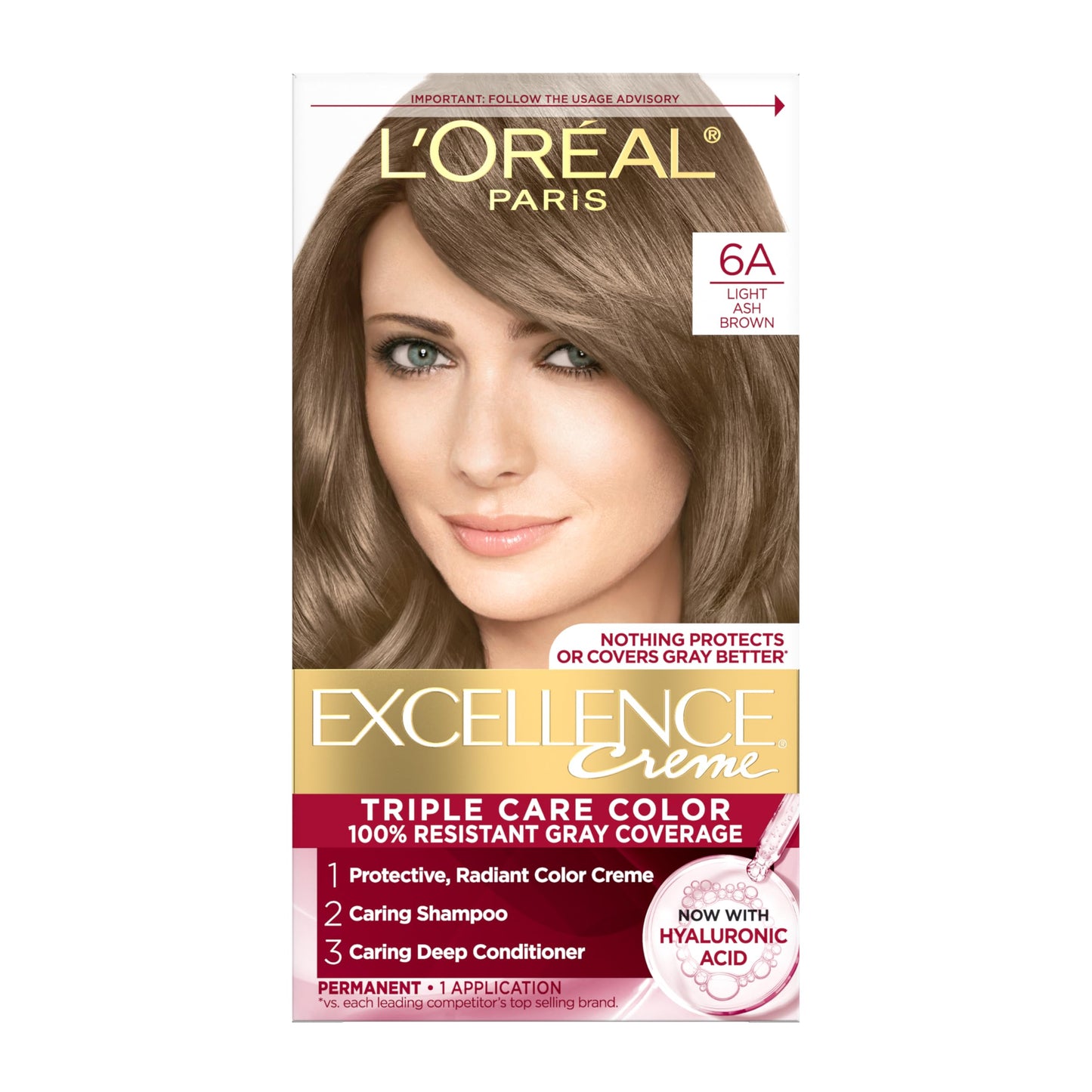 L'Oreal Paris Excellence Crème Permanent Hair Dye, Triple Care Hair Color with Hyaluronic Acid for 100% Gray Coverage, 6A Light Ash Brown, 1 Kit