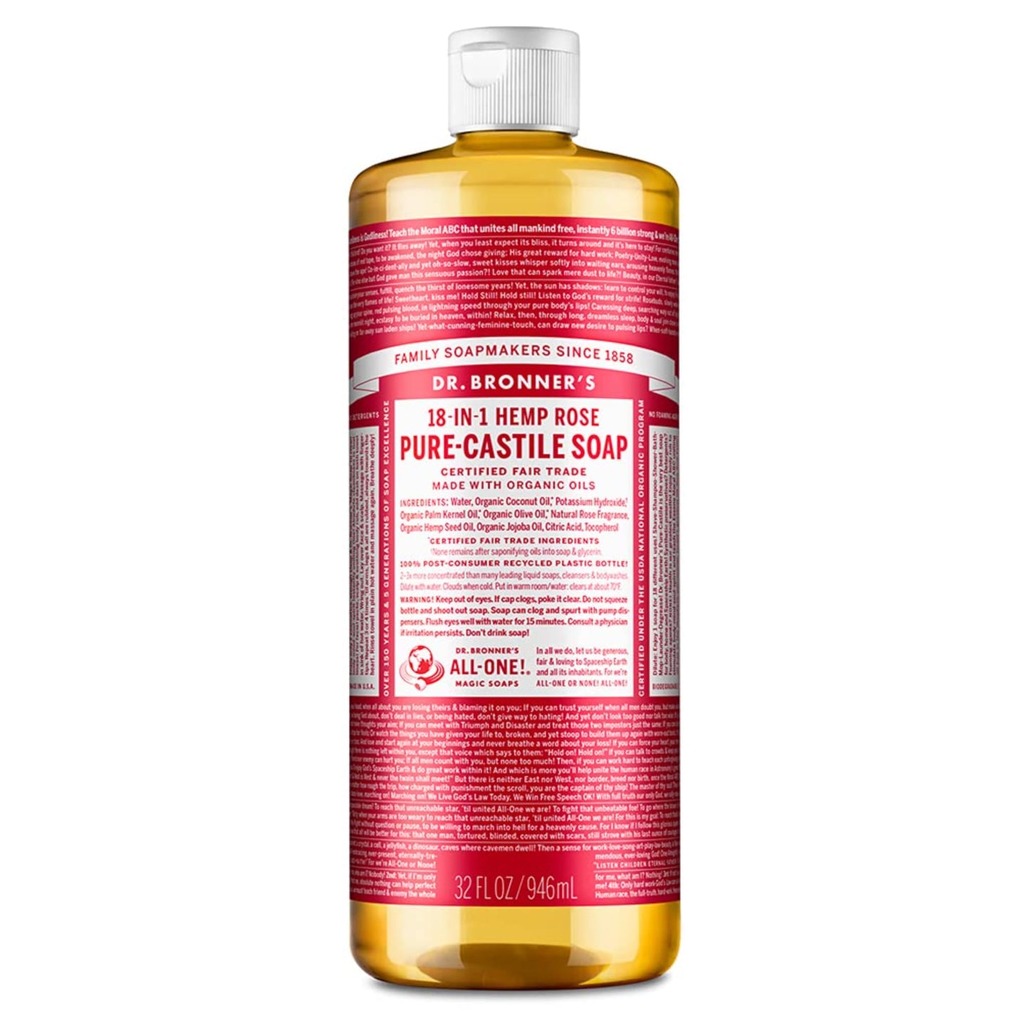 Dr. Bronner's Magic Soaps 18-In-1 Hemp Rose Pure Castille Soap, 32-Ounce Bottles