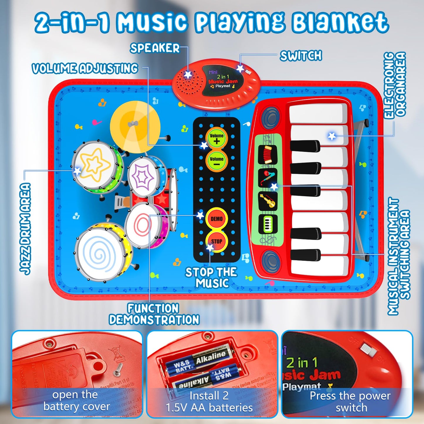 2-in-1 Musical Mat Toy – Piano Keyboard & Drum Set with Sticks, Educational Learning Toy for Boys & Girls Ages 1–5, Blue