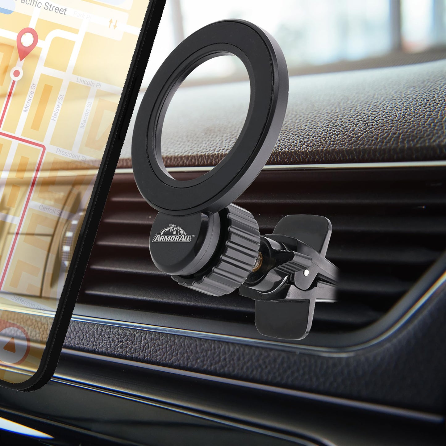 Armor All Magnetic Phone Mount for Car, Air Vent Phone Holder for MagSafe Phones, iPhones, Includes Universal Magnet Ring for Samsung, Non-Magnetic…